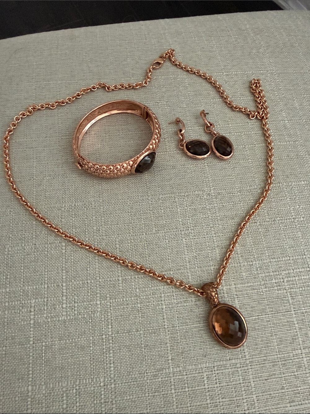 Rose Gold Necklace, Bracelet and Earring Set with Smoky Brown Stones